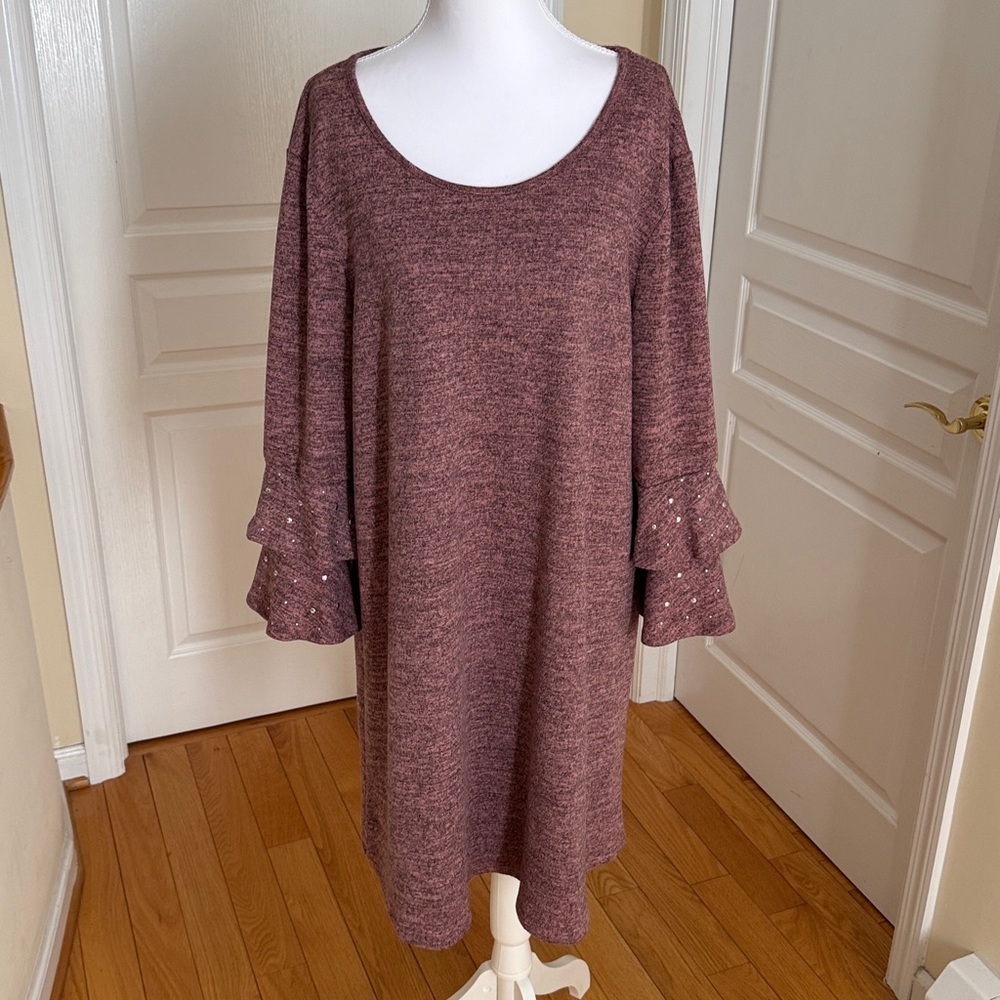 Tacera Maroon Beautiful Long Sleeve With Silver Studded Ruffle Design Midi Dress